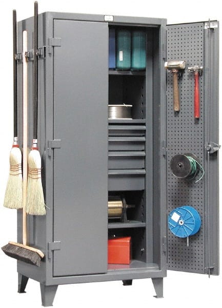 Strong Hold - 3 Shelf Pegboard Storage Cabinet - Steel, 36" Wide x 24" Deep x 78" High, Dark Gray - Exact Tooling