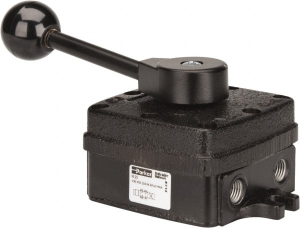 Parker - 1/4" NPT Mechanically Operated Air Valve - 4-Way, 3 Position, Hand Throttle-Manual Return, 2.5 CV Rate, 150 Max psi & 160°F Max Temp - Exact Tooling