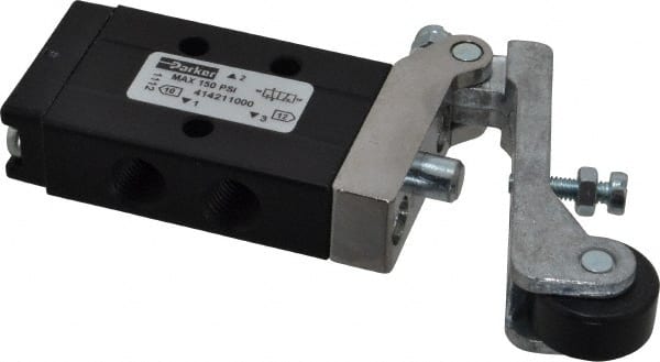 Parker - 0.2 CV Rate, 1/8" NPT Inlet HD Mechanical Oper Valve - 3 Way, 2 Position, 1/8" NPT Outlet, 150 Max psi, Roller Lever Spring Return - Exact Tooling