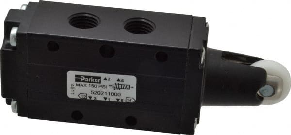 Parker - 0.83 CV Rate, 1/4" NPT Inlet HD Mechanical Oper Valve - 4 Way, 2 Position, 1/4" NPT Outlet, 150 Max psi, Roller Spring Return - Exact Tooling