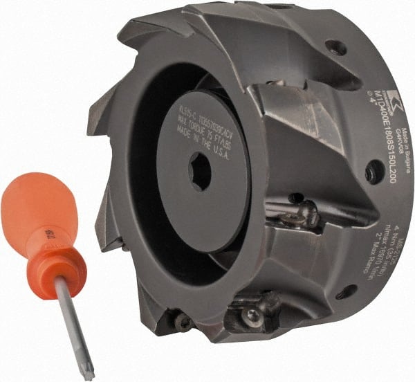 Kennametal - 8 Inserts, 4" Cut Diam, 1-1/2" Arbor Diam, 18.03mm Max Depth of Cut, Indexable Square-Shoulder Face Mill - 0/90° Lead Angle, 2" High, EC18.., EP18.. Insert Compatibility, Through Coolant, Series Mill 1-18 - Exact Tooling