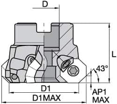 Kennametal - 2" Cut Diam, 3/4" Arbor Hole, 3.5mm Max Depth of Cut, 43° Indexable Chamfer & Angle Face Mill - 6 Inserts, OF.T 06L5... Insert, Right Hand Cut, 6 Flutes, Series KSOM Mini - Exact Tooling