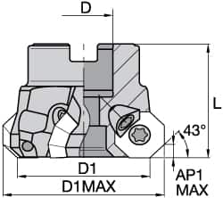 Kennametal - 3" Cut Diam, 1" Arbor Hole, 3.5mm Max Depth of Cut, 43° Indexable Chamfer & Angle Face Mill - 9 Inserts, OF.T 06L5... Insert, Right Hand Cut, 9 Flutes, Through Coolant, Series KSOM Mini - Exact Tooling