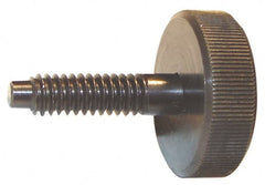Morton Machine Works - M8x1.25 Knurled Shoulderless Dog Point Tip Grade C-12L14 Steel Thumb Screw - 2-3/8" OAL, 1-1/8" Head Diam x 3/8" Head Height, Black Oxide Finish - Exact Tooling