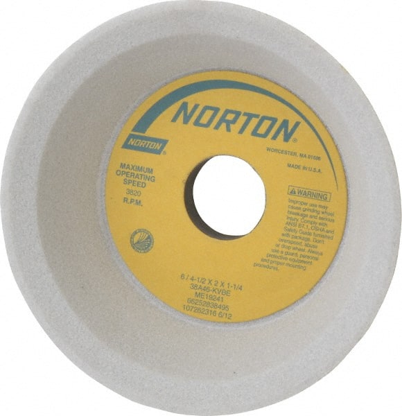 Norton - 6" Diam, 1-1/4" Hole Size, 2" Overall Thickness, 46 Grit, Type 11 Tool & Cutter Grinding Wheel - Coarse Grade, Aluminum Oxide, K Hardness, Vitrified Bond, 3,820 RPM - Exact Tooling