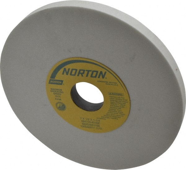 Norton - 7" Diam x 1-1/4" Hole x 1/2" Thick, K Hardness, 100 Grit Surface Grinding Wheel - Aluminum Oxide, Type 1, Fine Grade, 3,600 Max RPM, Vitrified Bond, No Recess - Exact Tooling