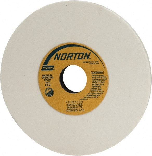 Norton - 7" Diam x 1-1/4" Hole x 1/2" Thick, J Hardness, 150 Grit Surface Grinding Wheel - Aluminum Oxide, Type 1, Very Fine Grade, 3,600 Max RPM, Vitrified Bond, No Recess - Exact Tooling