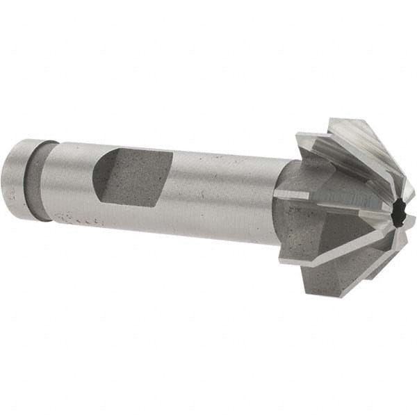 Made in USA - 3/4" Large x 5/16" Small Diam, 3/8" Width of Cut, 90° Included Angle, 8 Teeth, Cobalt Face Angle Cutter - 3/8" Shank Diam, 1-15/16" Overall Length, Weldon Flat - Exact Tooling