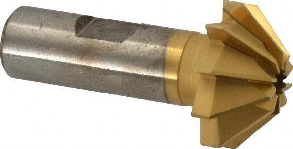 Made in USA - 1-1/4" Large x 1/2" Small Diam, 17/32" Width of Cut, 90° Included Angle, 10 Teeth, High Speed Steel Face Angle Cutter - 5/8" Shank Diam, 2-13/32" Overall Length, Weldon Flat - Exact Tooling