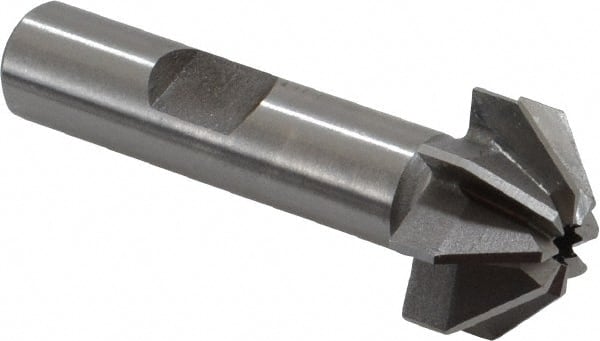 Made in USA - 3/4" Large x 5/16" Small Diam, 3/8" Width of Cut, 90° Included Angle, 8 Teeth, High Speed Steel Face Angle Cutter - 3/8" Shank Diam, 1-15/16" Overall Length, Weldon Flat - Exact Tooling