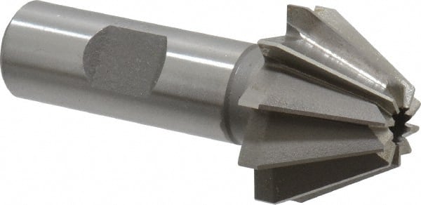 Made in USA - 1-1/4" Large x 1/2" Small Diam, 25/32" Width of Cut, 60° Included Angle, 10 Teeth, Cobalt Face Angle Cutter - 5/8" Shank Diam, 2-21/32" Overall Length, Weldon Flat - Exact Tooling
