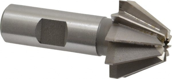 Made in USA - 1-1/4" Large x 1/2" Small Diam, 25/32" Width of Cut, 60° Included Angle, 10 Teeth, High Speed Steel Face Angle Cutter - 5/8" Shank Diam, 2-21/32" Overall Length, Weldon Flat - Exact Tooling