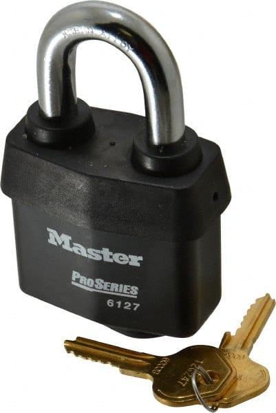 Master Lock - 1-3/8" Shackle Clearance, Keyed Different Padlock - 7/8" Shackle Width, 7/16" Shackle Diam, Laminated Steel - Exact Tooling