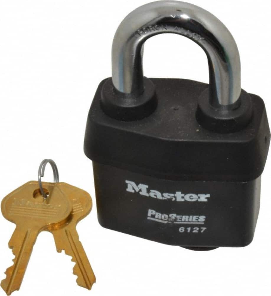 Master Lock - 1-3/8" Shackle Clearance, Keyed Alike Padlock - 7/8" Shackle Width, 7/16" Shackle Diam, Laminated Steel - Exact Tooling