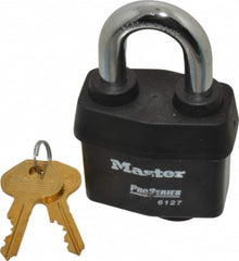 Master Lock - 1-3/8" Shackle Clearance, Keyed Alike Padlock - 7/8" Shackle Width, 7/16" Shackle Diam, Laminated Steel - Exact Tooling