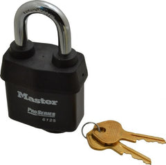 Master Lock - 1-3/8" Shackle Clearance, Keyed Different Padlock - 7/8" Shackle Width, 3/8" Shackle Diam, Laminated Steel - Exact Tooling