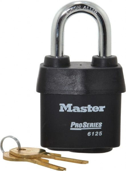 Master Lock - 1-3/8" Shackle Clearance, Keyed Alike Padlock - 7/8" Shackle Width, 3/8" Shackle Diam, Laminated Steel - Exact Tooling