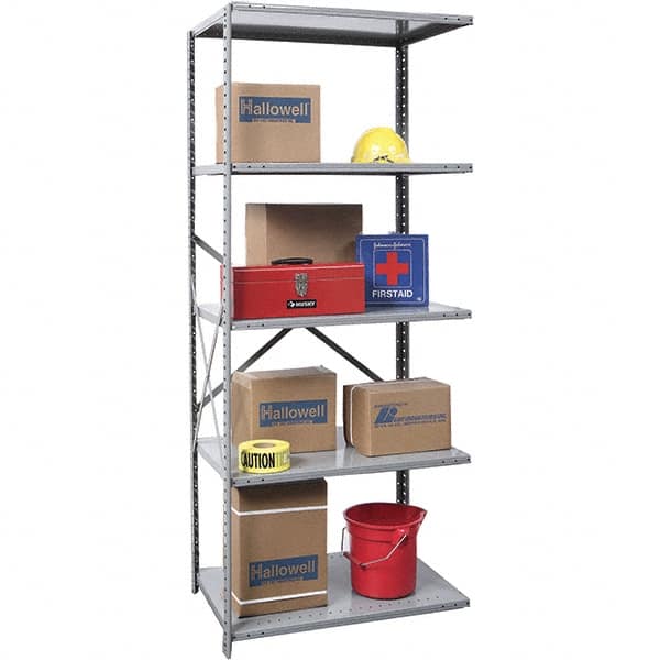 Hallowell - 5 Shelf Add-On Box Edge Open Steel Shelving - 800 Lb Capacity, 36" Wide x 87" High x 24" Deep, Gray - Exact Tooling
