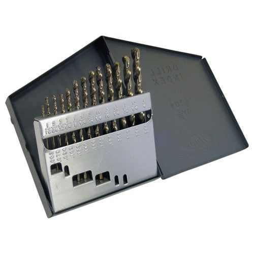 ‎1/16-1/4 RHS / RHC HSS-CO 8% (M42) 135 Degree Split Point Heavy Duty Cobalt Jobber Length Drill Set - Straw / Gold Oxide - Exact Tooling