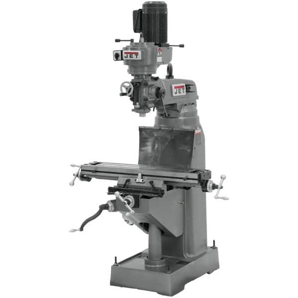 Jet - 7-7/8" Table Width x 35-3/4" Table Length, Step Pulley Control, 3 Phase Knee Milling Machine - R8 Spindle Taper, 1-1/2 hp - Exact Tooling