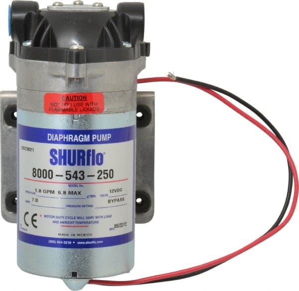 Pentair - 1/10 HP, 3/8 Inlet Size, 3/8 Outlet Size, ByPass, Diaphragm Spray Pump - 12 Input Voltage, Polypropylene, 1.40 Max GPM - Exact Tooling