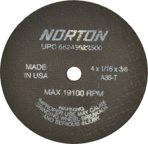 Norton - 4" 36 Grit Aluminum Oxide Cutoff Wheel - 1/16" Thick, 3/8" Arbor, 19,100 Max RPM, Use with Die Grinders - Exact Tooling
