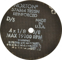 Norton - 4" 36 Grit Aluminum Oxide Cutoff Wheel - 1/8" Thick, 3/8" Arbor, 19,100 Max RPM, Use with Die Grinders - Exact Tooling