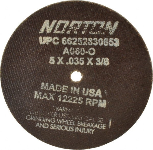 Norton - 5" 60 Grit Aluminum Oxide Cutoff Wheel - 0.035" Thick, 3/8" Arbor, 12,225 Max RPM, Use with Die Grinders - Exact Tooling