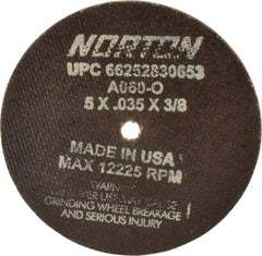 Norton - 5" 60 Grit Aluminum Oxide Cutoff Wheel - 0.035" Thick, 3/8" Arbor, 12,225 Max RPM, Use with Die Grinders - Exact Tooling