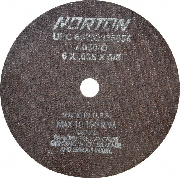 Norton - 6" 60 Grit Aluminum Oxide Cutoff Wheel - 0.035" Thick, 5/8" Arbor, 10,185 Max RPM, Use with Circular Saws - Exact Tooling