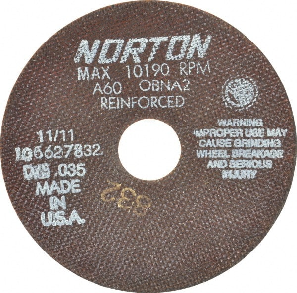 Norton - 6" 60 Grit Aluminum Oxide Cutoff Wheel - 0.035" Thick, 1-1/4" Arbor, 10,190 Max RPM, Use with Angle Grinders - Exact Tooling