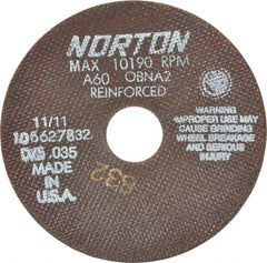 Norton - 6" 60 Grit Aluminum Oxide Cutoff Wheel - 0.035" Thick, 1-1/4" Arbor, 10,190 Max RPM, Use with Angle Grinders - Exact Tooling