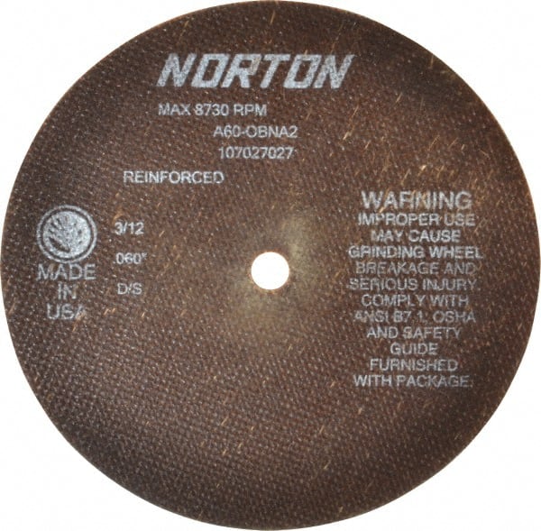 Norton - 7" 60 Grit Aluminum Oxide Cutoff Wheel - 0.06" Thick, 1/2" Arbor, 8,730 Max RPM, Use with Stationary Grinders - Exact Tooling