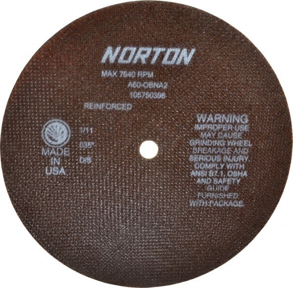 Norton - 8" 60 Grit Aluminum Oxide Cutoff Wheel - 0.035" Thick, 1/2" Arbor, 7,640 Max RPM, Use with Stationary Grinders - Exact Tooling