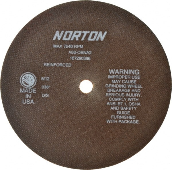 Norton - 8" 60 Grit Aluminum Oxide Cutoff Wheel - 0.035" Thick, 5/8" Arbor, 7,640 Max RPM, Use with Circular Saws - Exact Tooling