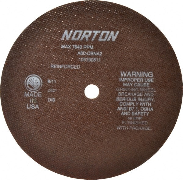 Norton - 8" 60 Grit Aluminum Oxide Cutoff Wheel - 0.06" Thick, 5/8" Arbor, 7,640 Max RPM, Use with Circular Saws - Exact Tooling