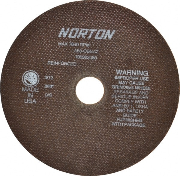Norton - 8" 60 Grit Aluminum Oxide Cutoff Wheel - 0.06" Thick, 1-1/4" Arbor, 7,640 Max RPM, Use with Stationary Grinders - Exact Tooling