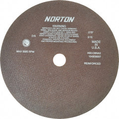 Norton - 12" 60 Grit Aluminum Oxide Cutoff Wheel - 0.075" Thick, 1-1/4" Arbor, 5,095 Max RPM, Use with Stationary Grinders - Exact Tooling