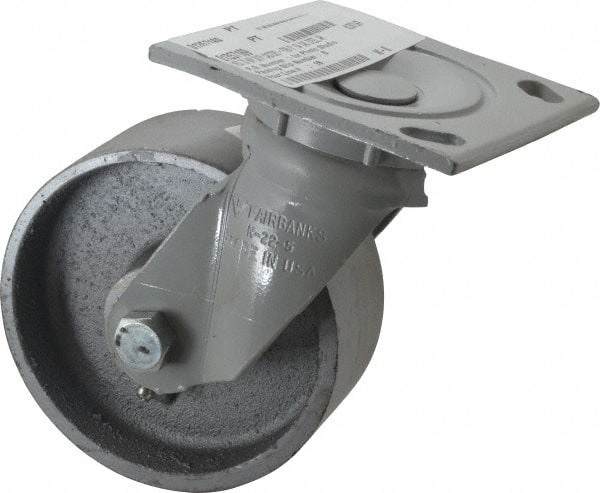 Fairbanks - 5" Diam x 2" Wide x 6-1/2" OAH Top Plate Mount Swivel Caster - Semi-Steel, 1,000 Lb Capacity, Roller Bearing, 4 x 4-1/2" Plate - Exact Tooling