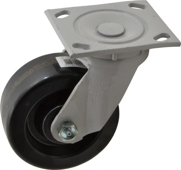 Fairbanks - 5" Diam x 2" Wide x 6-1/2" OAH Top Plate Mount Swivel Caster - Phenolic, 1,000 Lb Capacity, Roller Bearing, 4 x 4-1/2" Plate - Exact Tooling