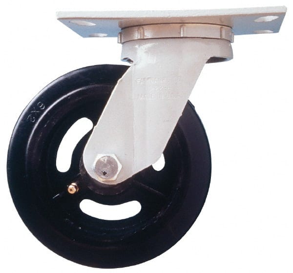 Fairbanks - 6" Diam x 2" Wide x 7-1/4" OAH Top Plate Mount Swivel Caster - Rubber, 410 Lb Capacity, Roller Bearing, 4-1/2 x 6-1/4" Plate - Exact Tooling