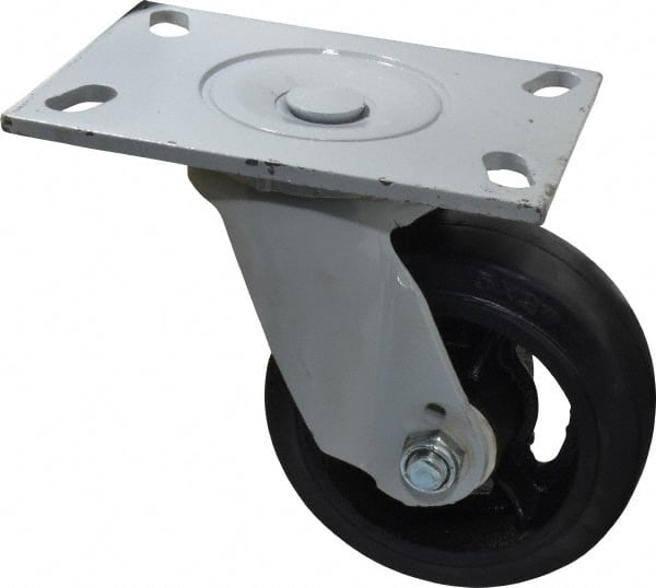Fairbanks - 5" Diam x 2" Wide x 9-1/2" OAH Top Plate Mount Swivel Caster - Rubber, 350 Lb Capacity, Roller Bearing, 4-1/2 x 6-1/4" Plate - Exact Tooling