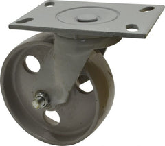 Fairbanks - 6" Diam x 2" Wide x 7-1/4" OAH Top Plate Mount Swivel Caster - Semi-Steel, 1,200 Lb Capacity, Roller Bearing, 4-1/2 x 6-1/4" Plate - Exact Tooling