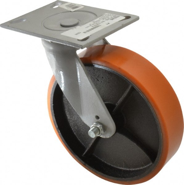 Fairbanks - 8" Diam x 2" Wide x 9-1/2" OAH Top Plate Mount Swivel Caster - Polyurethane, 1,200 Lb Capacity, Roller Bearing, 4-1/2 x 6-1/4" Plate - Exact Tooling