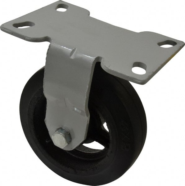 Fairbanks - 6" Diam x 2" Wide x 7-1/4" OAH Top Plate Mount Rigid Caster - Rubber, 410 Lb Capacity, Roller Bearing, 4-1/2 x 6-1/4" Plate - Exact Tooling