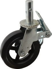Fairbanks - 9-1/2" Diam x 2" Wide, Rubber Molded on 70 Durometer Swivel with Brake Double Braking Lock Design Caster - 500 Lb Capacity, Round Scaffold Stem Mount, Roller Bearing - Exact Tooling