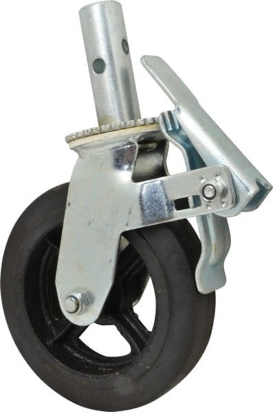 Fairbanks - 9-1/2" Diam x 2" Wide, Rubber Molded on 70 Durometer Swivel with Brake Double Braking Lock Design Caster - 500 Lb Capacity, Round Scaffold Stem Mount, Roller Bearing - Exact Tooling