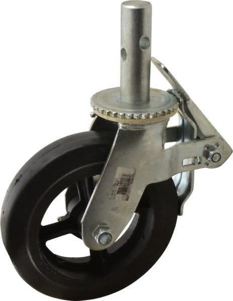 Fairbanks - 9-1/2" Diam x 2" Wide, Rubber Molded on 90 Durometer Swivel with Brake Double Braking Lock Design Caster - 500 Lb Capacity, Round Scaffold Stem Mount, Roller Bearing - Exact Tooling