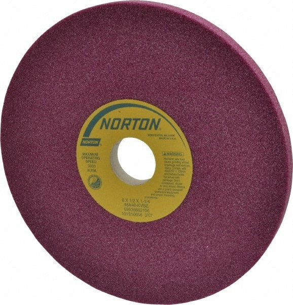 Norton - 8" Diam x 1-1/4" Hole x 1/2" Thick, K Hardness, 46 Grit Surface Grinding Wheel - Aluminum Oxide, Type 1, Coarse Grade, 3,600 Max RPM, Vitrified Bond, No Recess - Exact Tooling