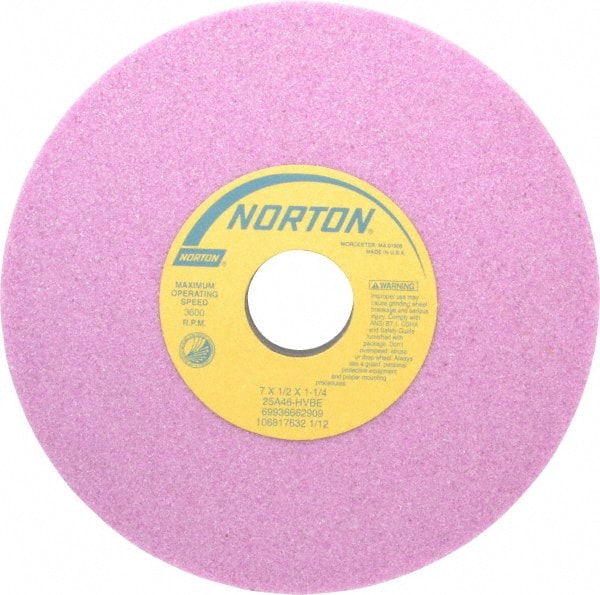 Norton - 7" Diam x 1-1/4" Hole x 1/2" Thick, H Hardness, 46 Grit Surface Grinding Wheel - Aluminum Oxide, Type 1, Coarse Grade, 3,600 Max RPM, Vitrified Bond, No Recess - Exact Tooling